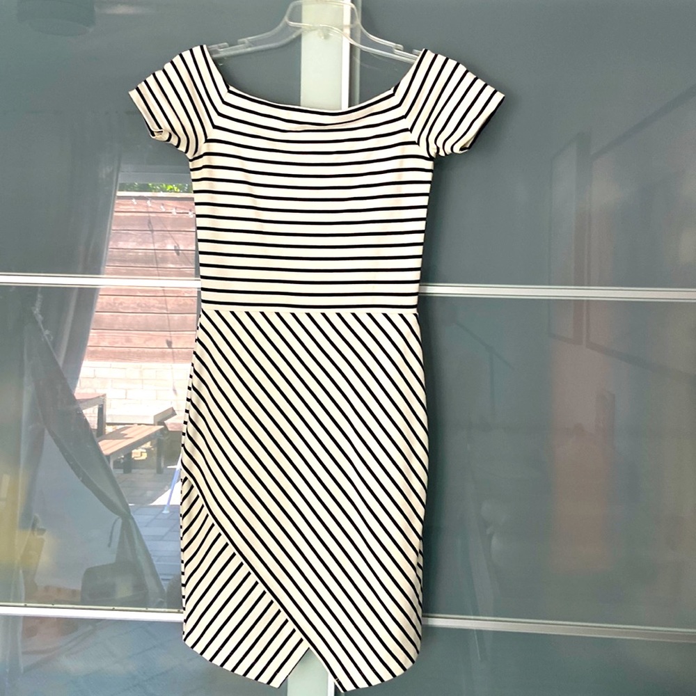 1. State Black/White Stripe Off the Shoulder Dress